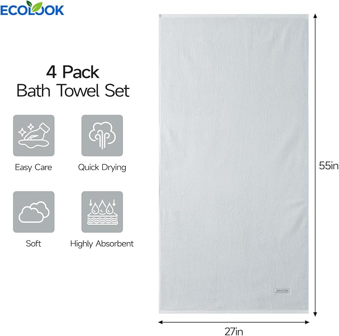 ecolook Bath Towels Set of 4, 100% Cotton, 27 x 55 Inches, Quick-Drying & - Image 3