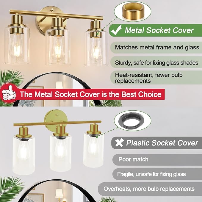 3-Light Gold Bathroom Light Fixtures, Modern Bathroom Vanity Light - Image 5