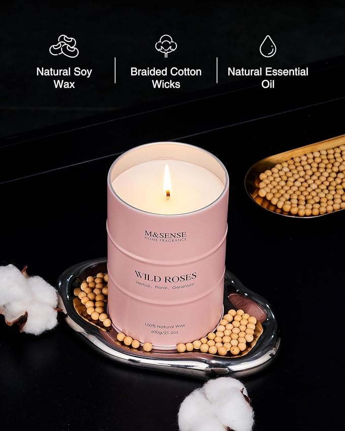 M&SENSE Wild Rose Large Natural Scented Candle, 120 Hours Long Lasting Soy - Image 4
