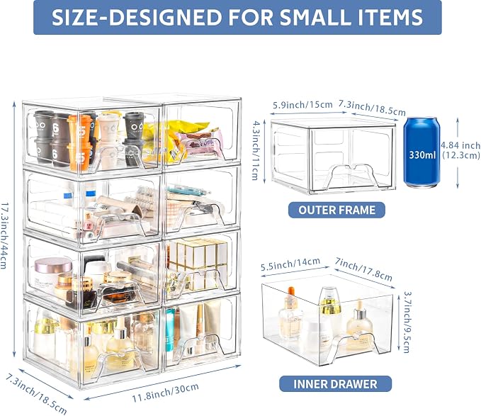 Plastic Drawers Storage, 8 Pack Clear Stackable Storage Drawers, Acrylic - Image 3