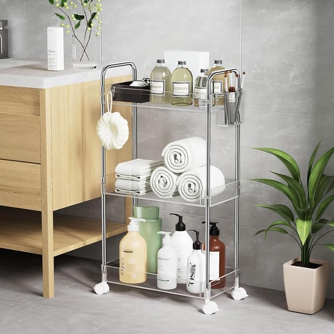 SPACEKEEPER 3 Tier Acrylic Storage Rolling Cart Clear Bathroom Cart Organizer - Image 6