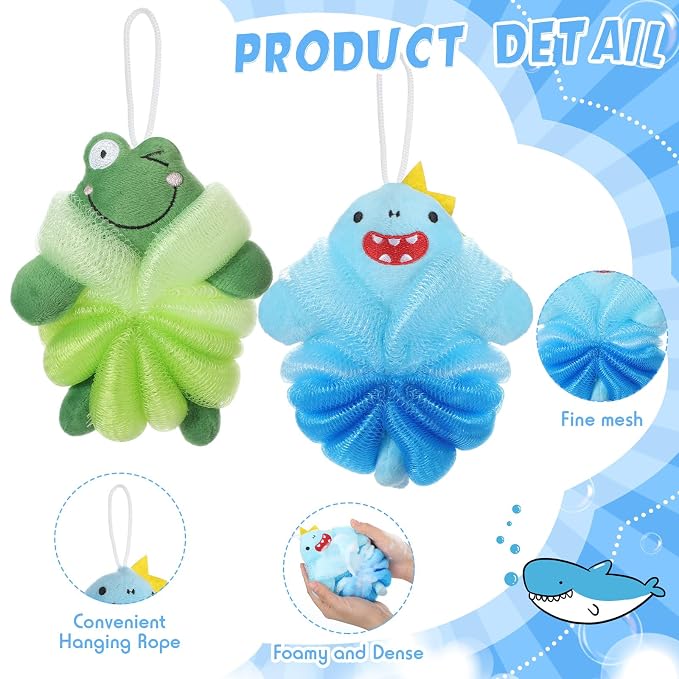 Nuenen 2 Pcs Bath Loofahs Kids Toddler Cute Cartoon Bath Sponges Loofah Pouf - Image 3