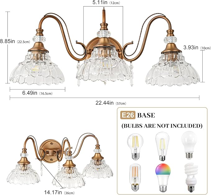 Vintage Bathroom Vanity Light, 3-Light Matte Antique Brass Finish Wall Sconce - Image 6