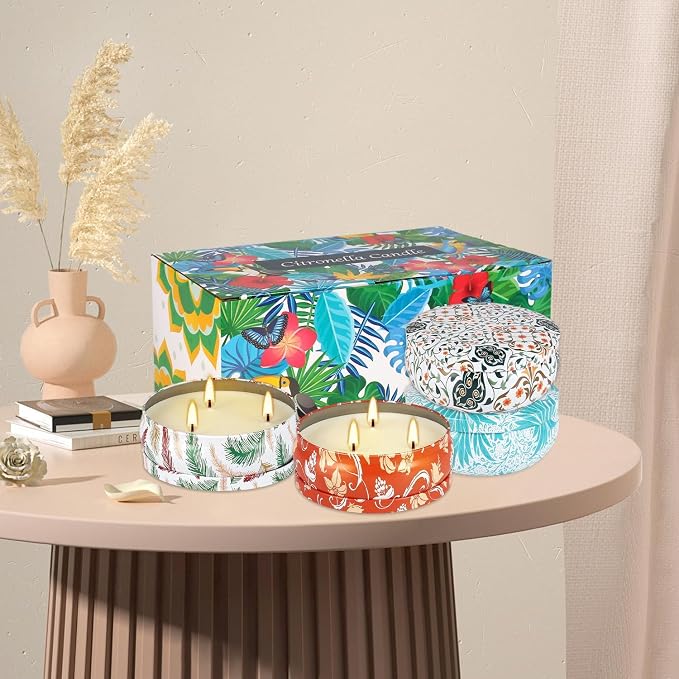 4-Pack Citronella Candle Set in Decorative Tropical Flower Tin Boxes - Image 8