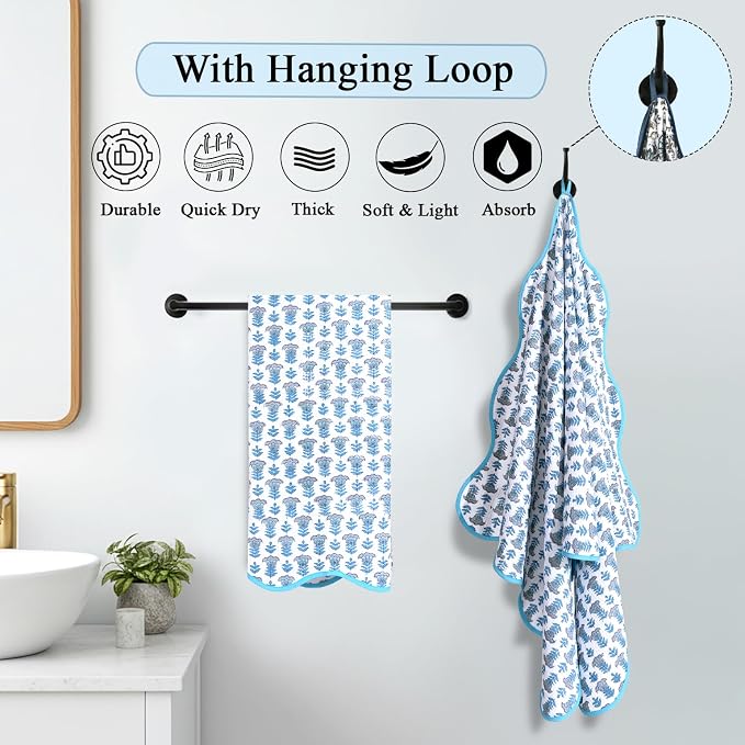 Ridhi Block Print Aquamarine Blue Cotton Spa Towel 27"x54" Set of 2 Handmade - Image 2