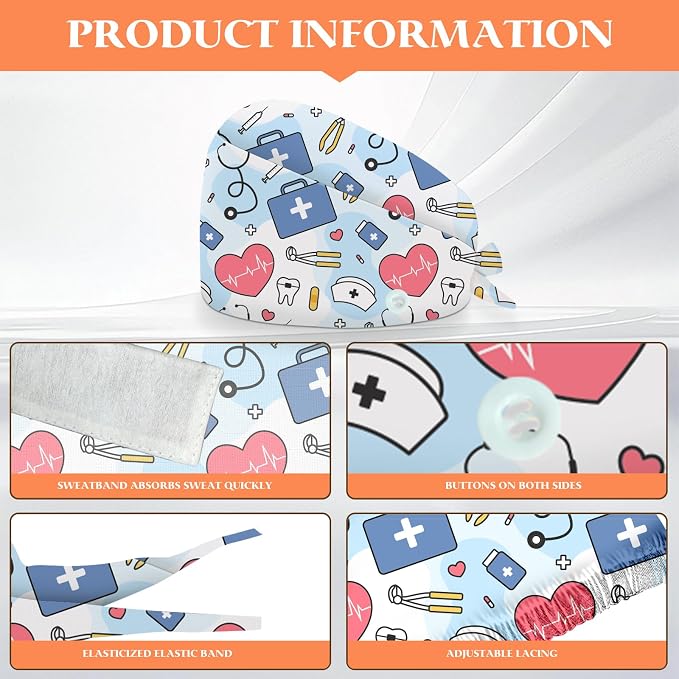 Adjustable Scrub Cap with Buttons & Sweatband, Working Hat with Elastic Tie Back - Image 2