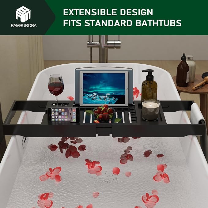 Foldable Bamboo Bathtub Caddy Tray Expandable - Image 8