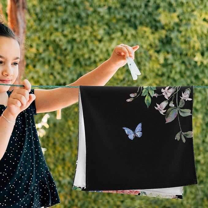 Peony Floral Black Hand Towels for Bathroom Set of 2, Vintage Blooming Flower - Image 4
