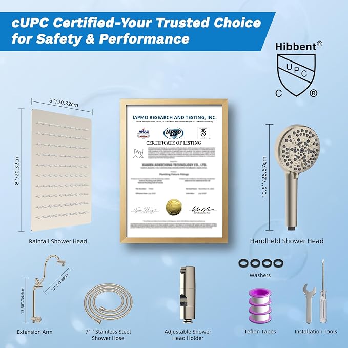 Hibbent cUPC Certified All Metal 8" Rainfall Showerhead Combo, High Pressure - Image 9