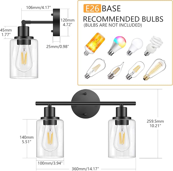 FOLKSMATE Bathroom Light Fixtures, 2 Light Matte Black Vanity Light, Vintage - Image 3