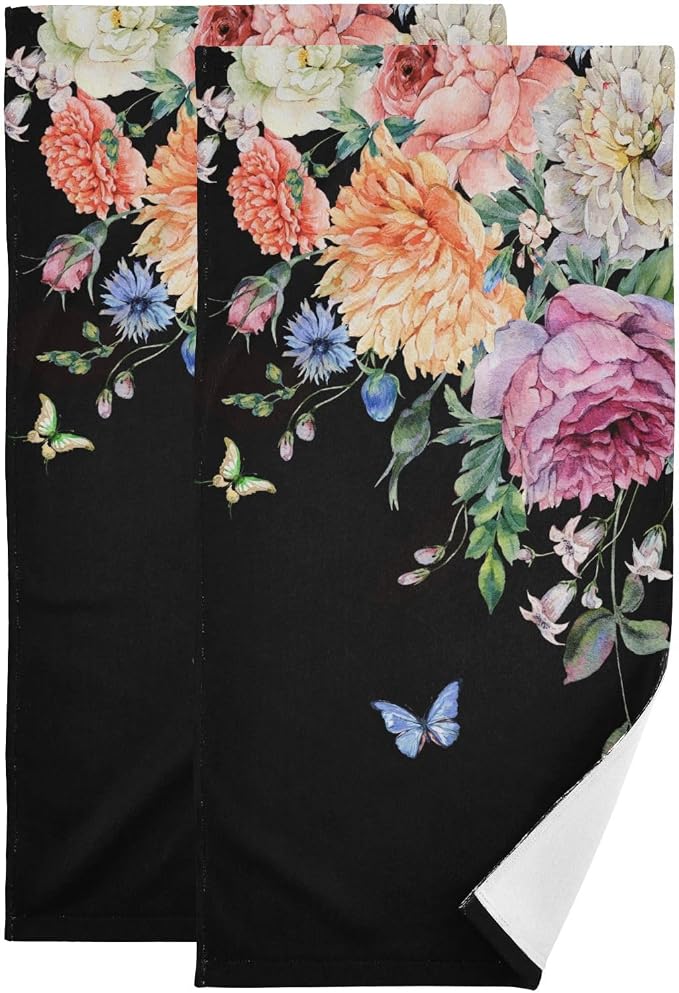 Peony Floral Black Hand Towels for Bathroom Set of 2, Vintage Blooming Flower by Unknown