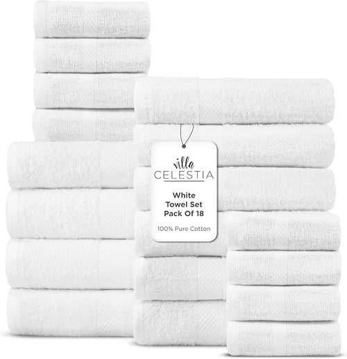 100% Cotton Bath Towel Set of 18-4 Bath Towels, 6 Hand Towels, 8 Wash Cloths by VillaCelestia