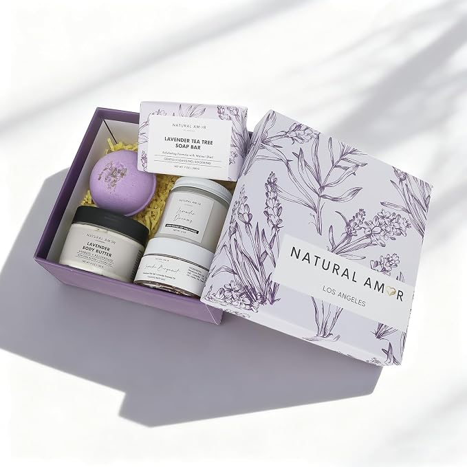 Natural Amor 5-Piece Lavender Spa Gift Set – Bath Bomb, Body Butter, Bar Soap - Image 3
