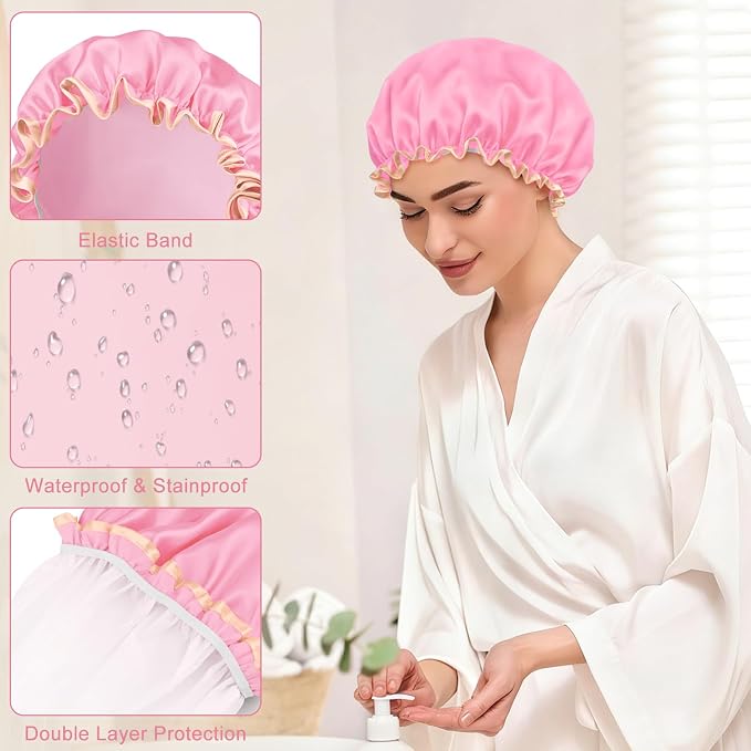 Waterproof Shower Caps for Women, Solid Color Dual-Layer Elastic Band Design - Image 4