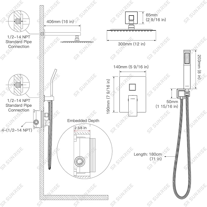 SR SUN RISE SRSH-D1203 12 Inches Bathroom Luxury Rain Mixer Shower Combo Set - Image 8