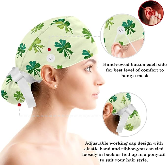 Scrub Caps Women Ponytail Cute Pink and White Leaves Caps Bouffant Working Hat - Image 3