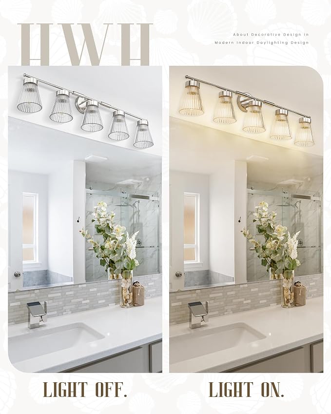 Brushed Nickel Bathroom Vanity Light, HWH 5-Light Bathroom Light Fixtures - Image 5