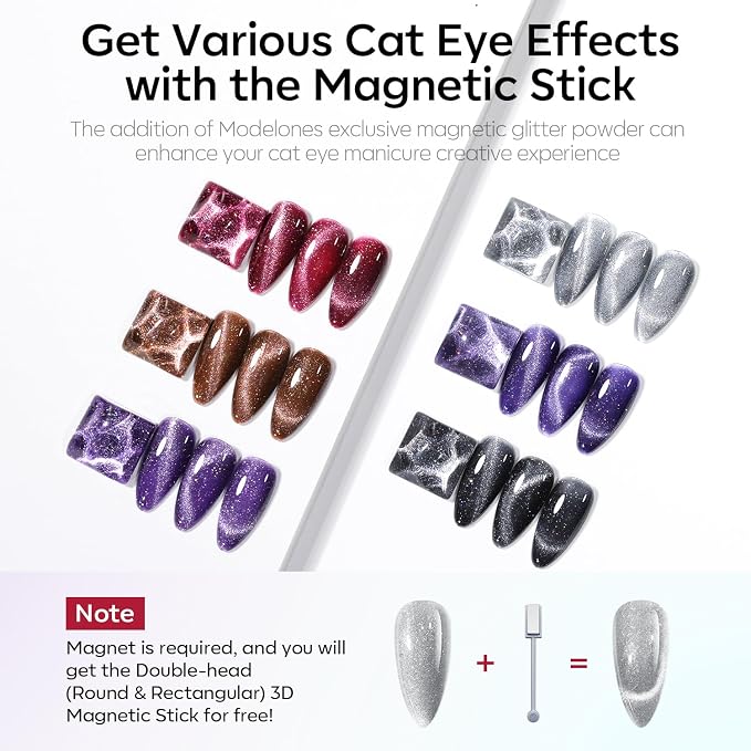 modelones Cat Eye Gel Nail Polish Set, 6 Colors Winter 9D Glassy Cat Eye - Image 2