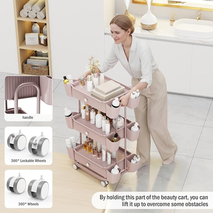 3 Tier Drawer Beauty Cart with 12 Movable Storage Organizer, Thickened ABS & - Image 4