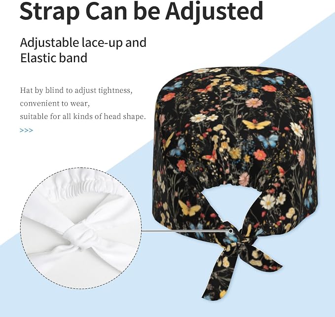 Scrub Cap for Women and Men Boho Black Leaf Pattern Adjustable Breathable - Image 4