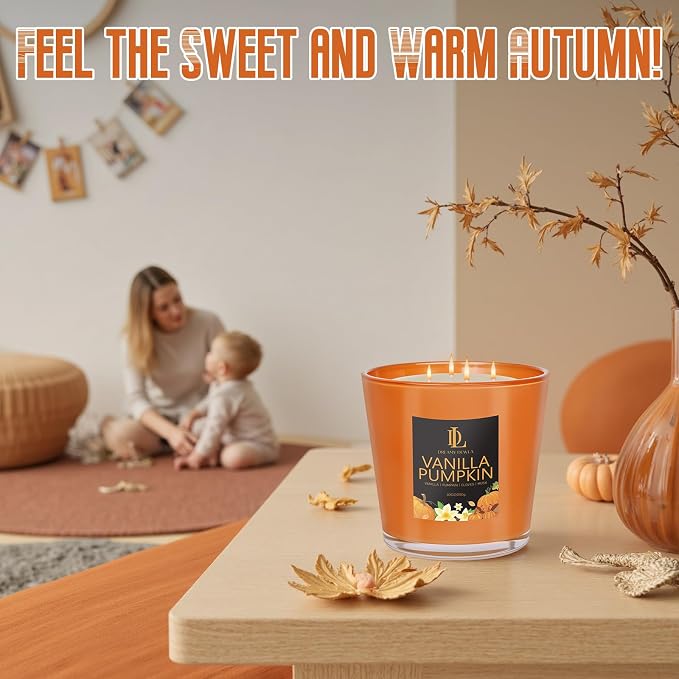 Large Candle Vanilla Pumpkin Scented, 4 Wick Natural Soy Candles - Image 6