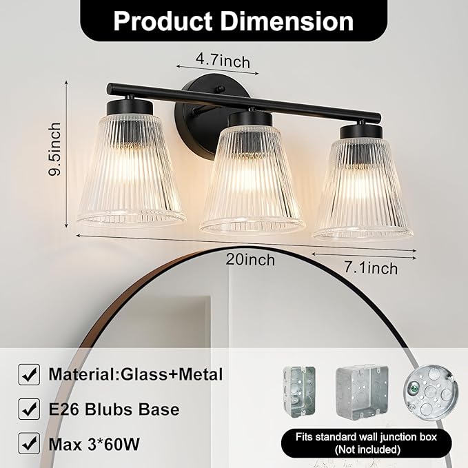 OCIOC Black Bathroom Vanity Lights, 3-Light Modern Bathroom Light Fixtures - Image 3