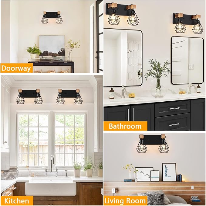 FadimiKoo 2-Light Rustic Style Wood Bathroom Wall Sconce, Farmhouse Vanity - Image 6