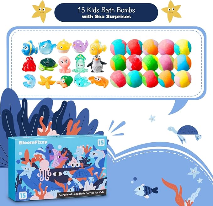 Sea Surprise Bath Bombs for Kids, 15 Pack Organic Fizzy Bath Bombs Gift Set - Image 3