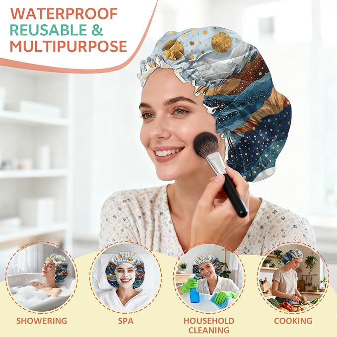 Shower Cap Reusable Double Layer Adjustable Elastic Waterproof EVA Hair Bath - Image 6