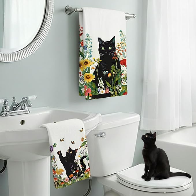 Accnicc 2 Pack Black Cat Bathroom Hand Towels Decorative Spring Floral Dish - Image 3