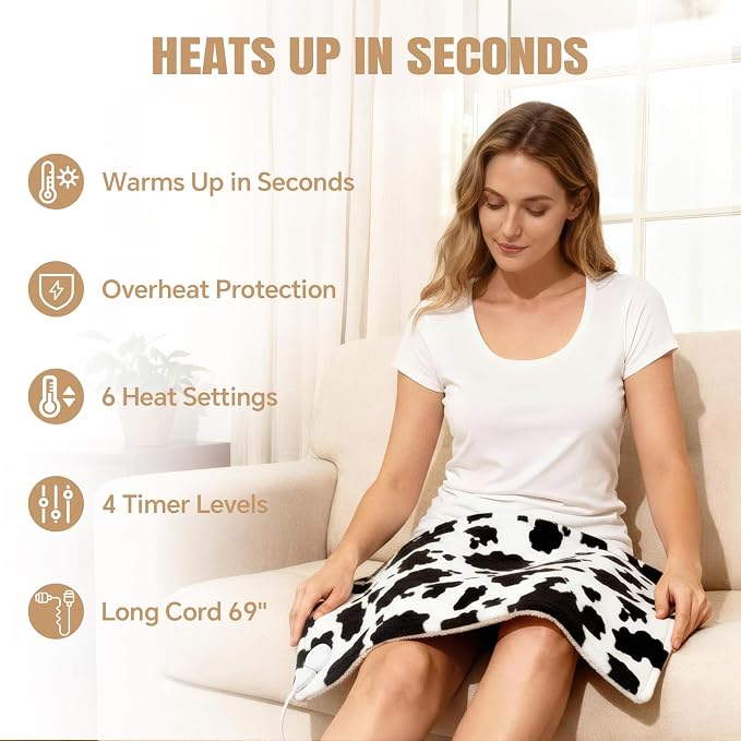 Cow Print Heating Pad for Back Period Cramps Neck Shoulder Pain Relief - Image 4