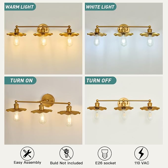 ZGLAOJT 3 Light Vintage Vanity Light Gold Bathroom Light Fixtures Over Mirror. - Image 4