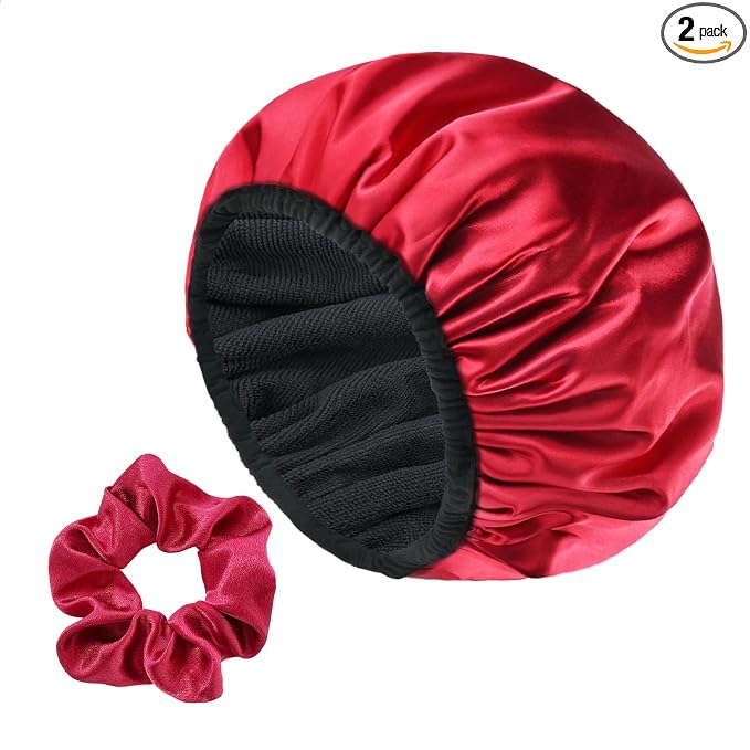 Three-Layer Terry Cloth Lined Satin Shower Cap, by Yonchic