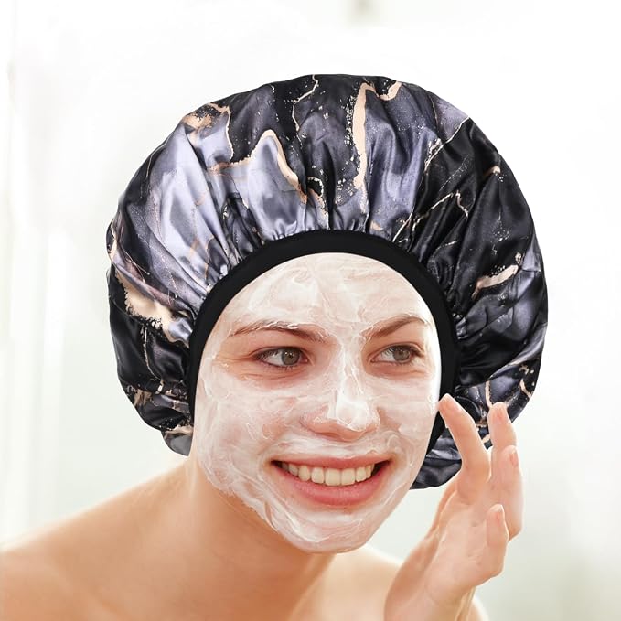 Black Marble Print Satin Shower Cap, Three-Layer Terry Cloth Lined, - Image 5