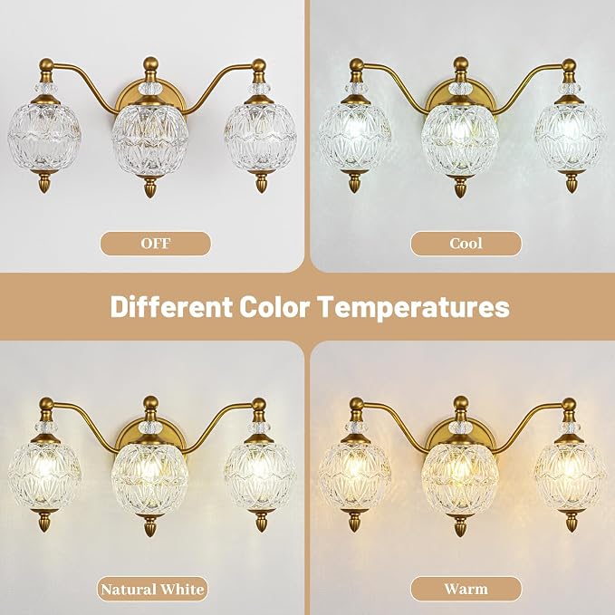 Vintage Bathroom Vanity Light, 3-Light Mid Century Matte Brass Finish Wall - Image 7