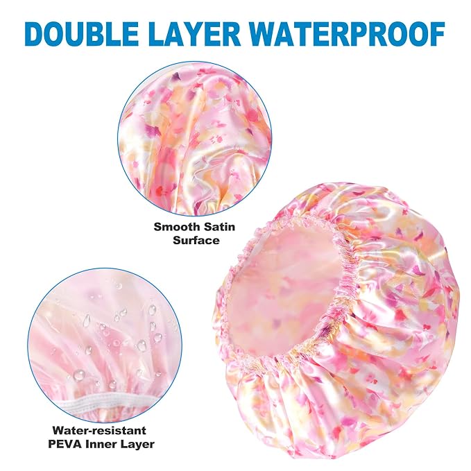 Shower Cap for Women Set of 4, Bath Caps, Double Layers Hair Caps + 3 Satin - Image 5