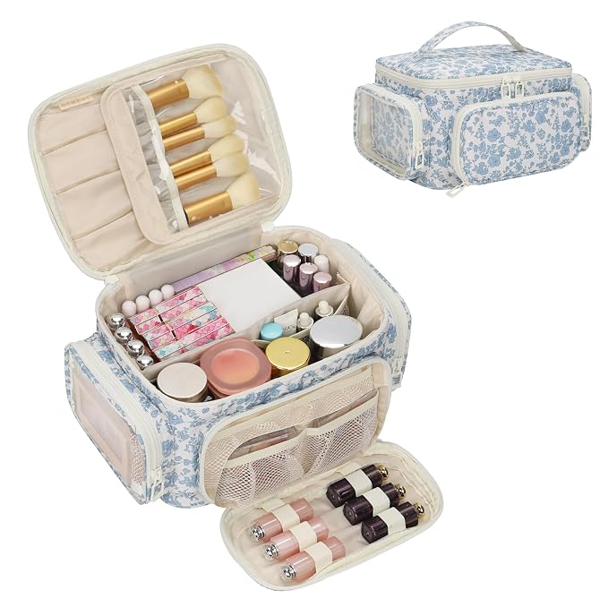 Makeup Bag with Multi-Pockets, Travel Cosmetic Bag with 2 Transparent Side by OCHEAL