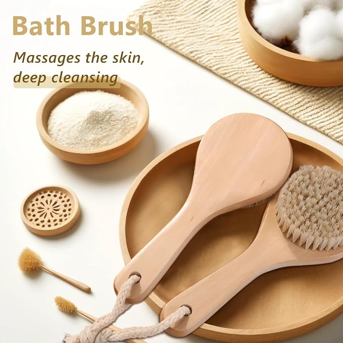 Dry Bath Body Brush with Short Handle, Natural Bristles Back Scrubber, - Image 4