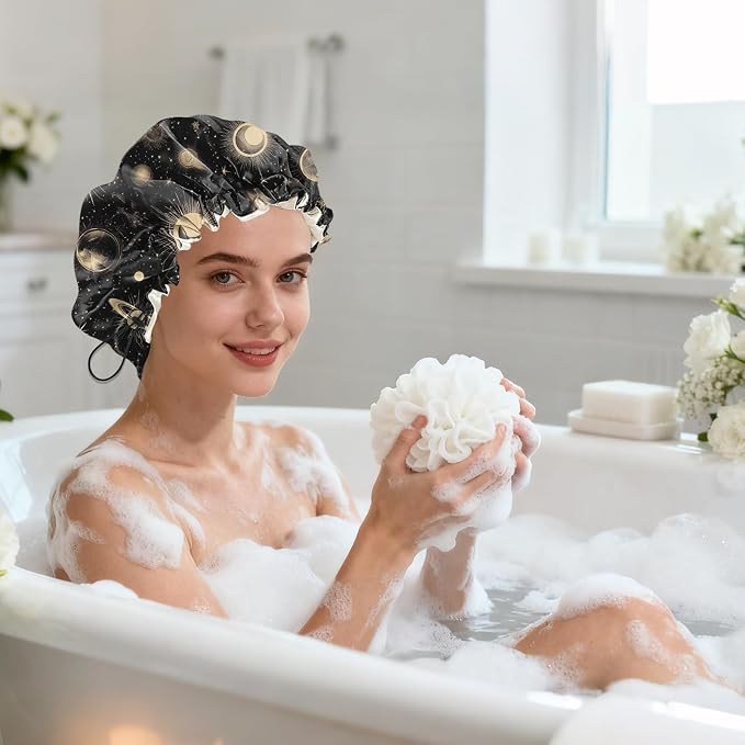 Shower Cap Reusable Double Layer Adjustable Elastic Waterproof EVA Hair Bath - Image 7