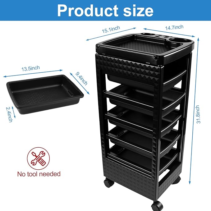 Salon Trolley Cart with 5 Drawers, Beauty Rolling Hair Rack with Worktop - Image 2