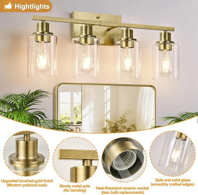 Indoi 4 Light Bathroom Light Fixtures, Brass Vanity Lights - Image 4