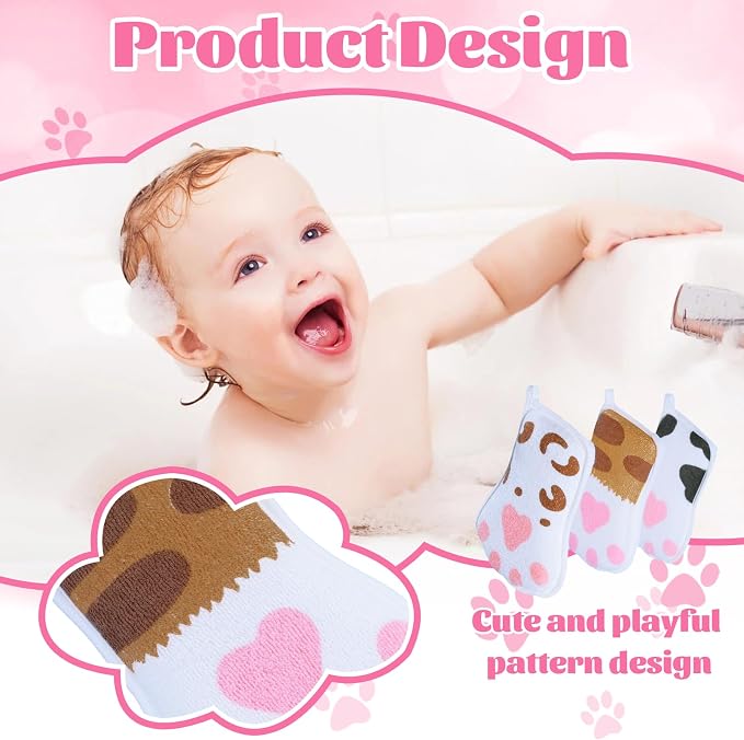 Baby and Kids Bath loofah Sponge, Easy Grip Cute Cat Paw Design Kids Body - Image 4
