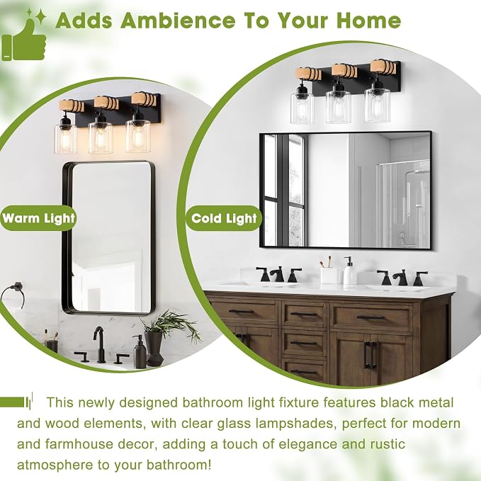 Licperron Farmhouse 3-Lights Wood Bathroom Vanity Light, Rustic Black Bathroom - Image 5