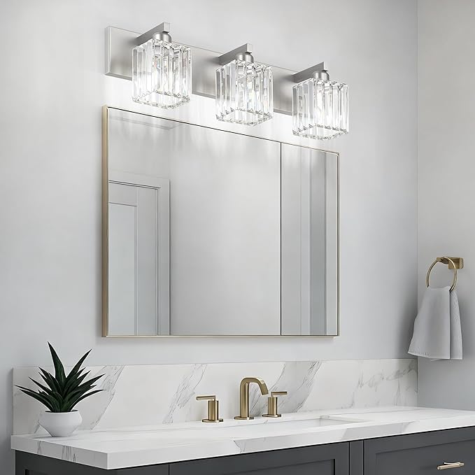 Aipsun Brushed Nickel Vanity Light Bathroom Lighting Fixtures 3 Light Crystal - Image 5