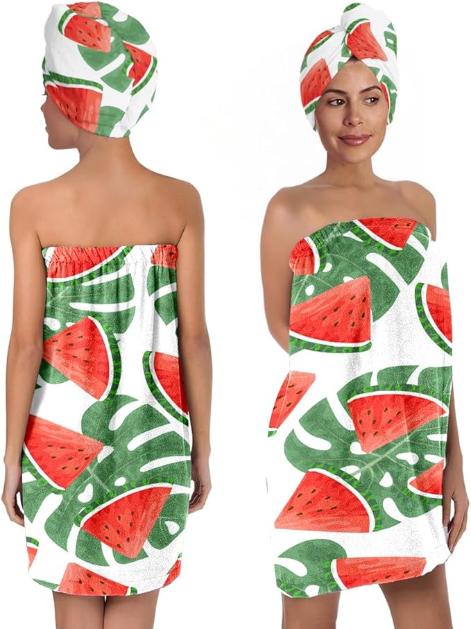 Watermelon Leaf Print Bath Wrap and Hair Drying Towel Set by QIULIBMH