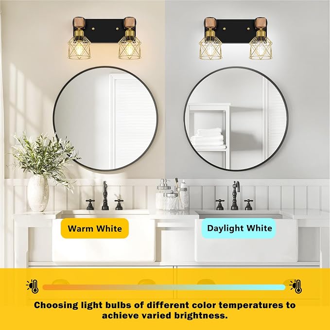 FadimiKoo Rustic Style Wood Bathroom Wall Sconces, 2-Light Black Gold Bathroom - Image 4