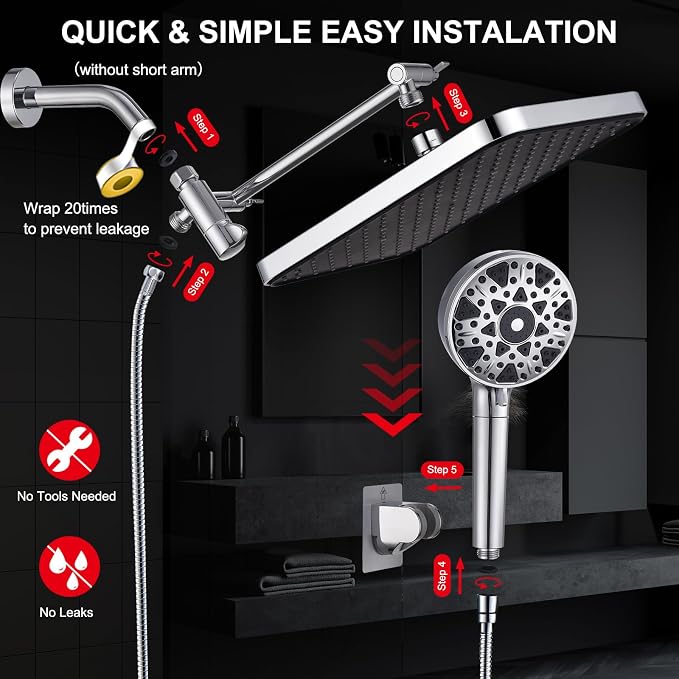 Dual shower Head with Handheld and Filter-14'' Rainfall ShowerHead, High - Image 7