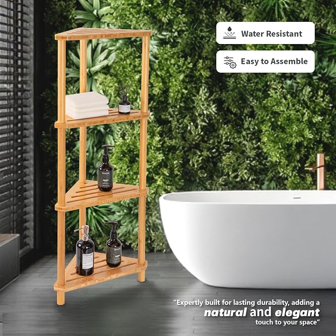 GUGIGP 4-Tier Corner Shower Caddy Stand Bamboo, Standing Corner Shower Shelf - Image 5