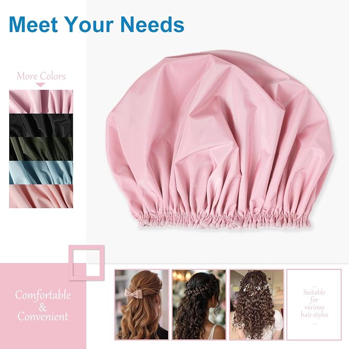 Shower Cap for Women, Double Layer Waterproof Bath Cap, Reusable Hair Protector - Image 7