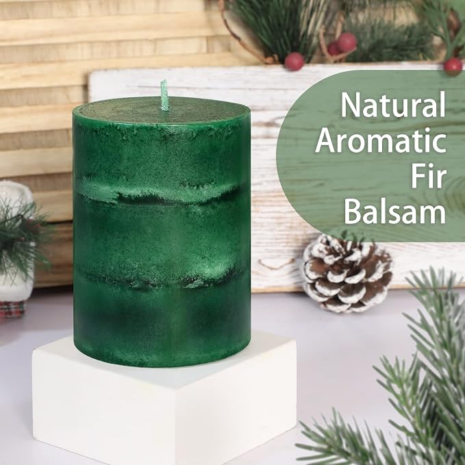 Fir Pine Scented Pillar Candles 3x4 Inch Dark Green 3-Layered Handcraft Holiday - Image 3